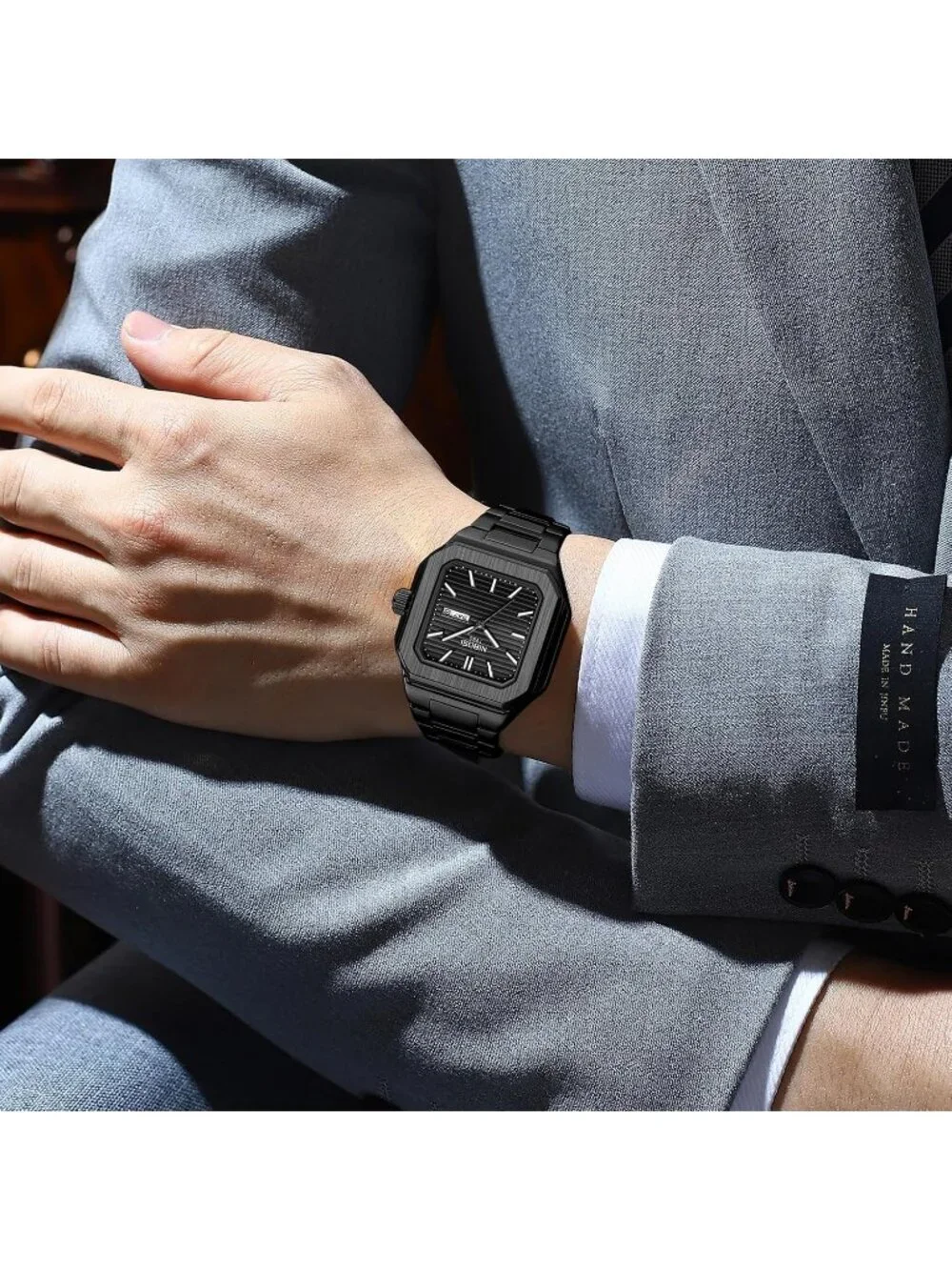 Men's Black Square Analog Quartz Stainless Steel  Waterproof Classic Wrist Watch